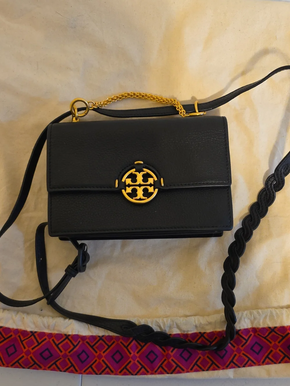 Tory Burch Black Leather Crossbody with Gold Logo Emblem
